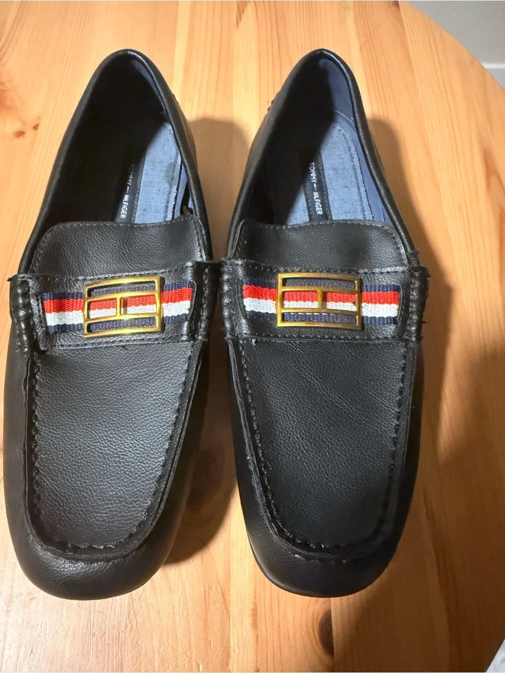 Tommy Hilfiger Black Faux Le Loafers with Red-White-Blue Ribbon and Gold Buckle